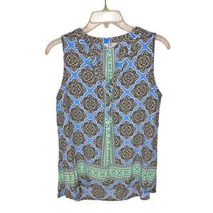 Crown & Ivy Women’s Blue White Trellis Summer Tank Sleeveless Blouse Size Medium